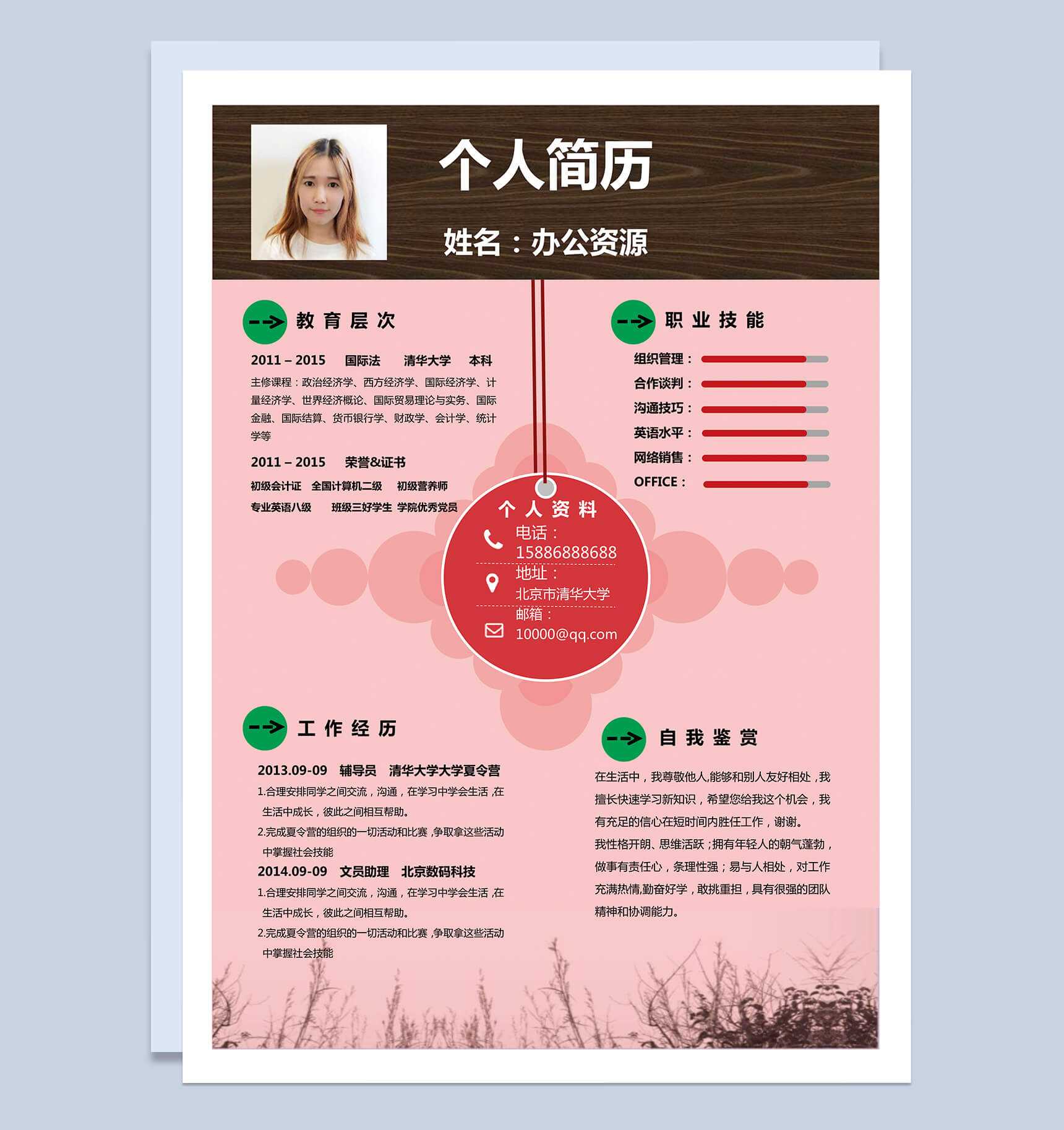 粉色个人简历word应聘市场推广简历模板