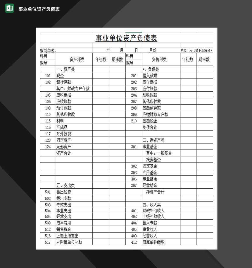 事业单位资产负债表财务统计表格必备Excel模板