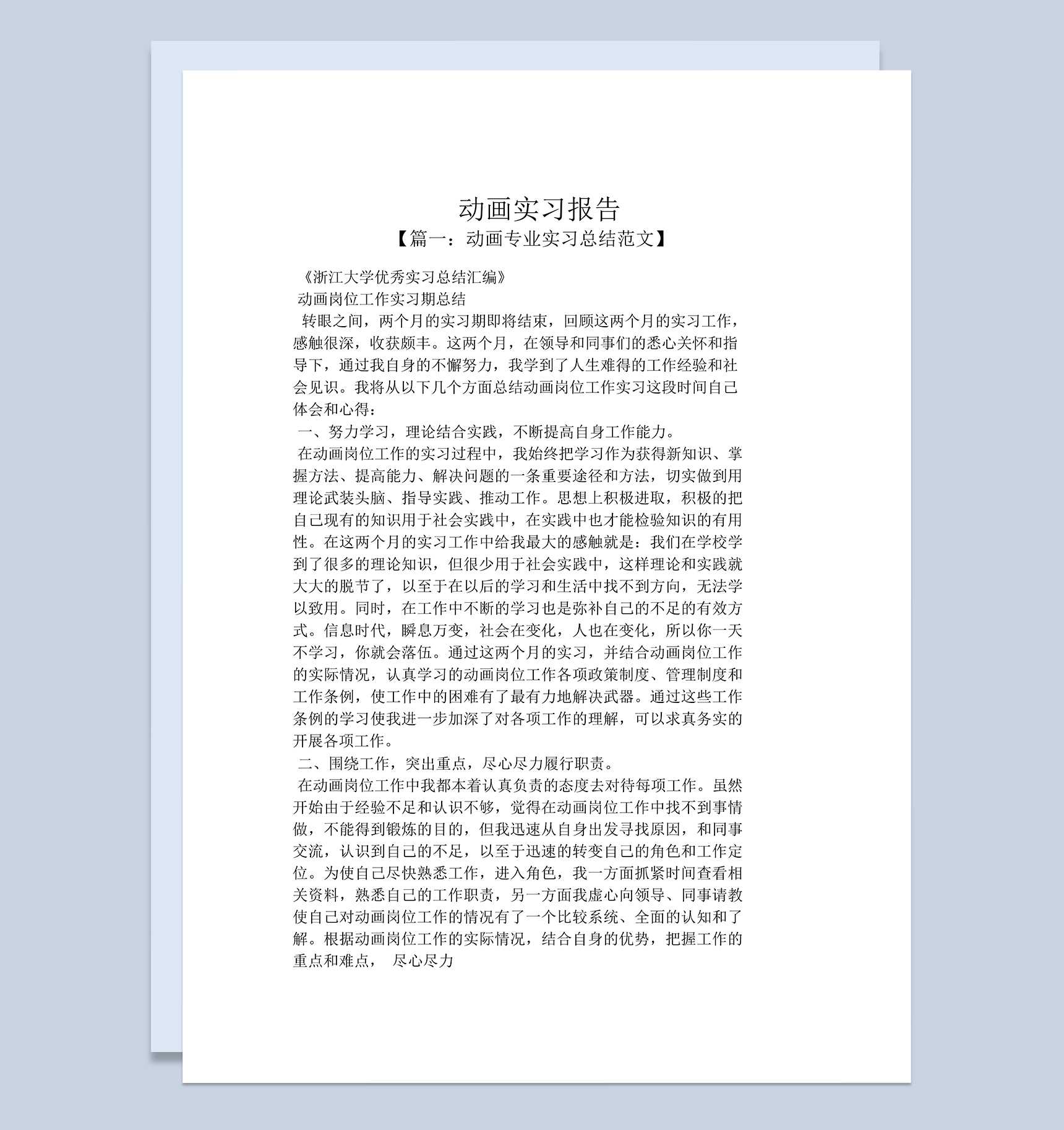 简洁风格大学动画专业实习总结报告范本Word模板