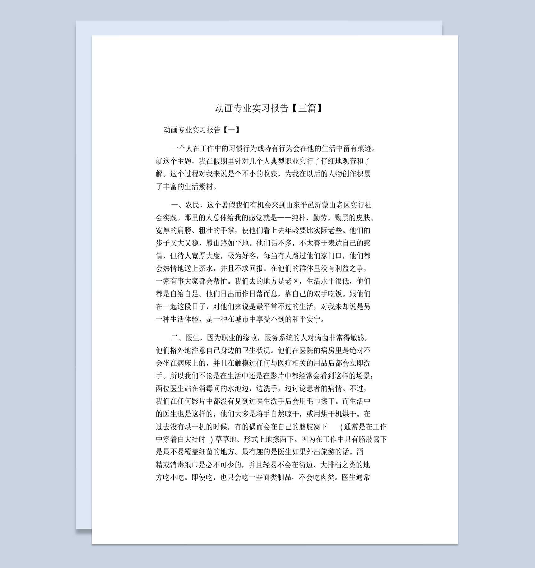 动画专业大学生实习报告范本Word模板