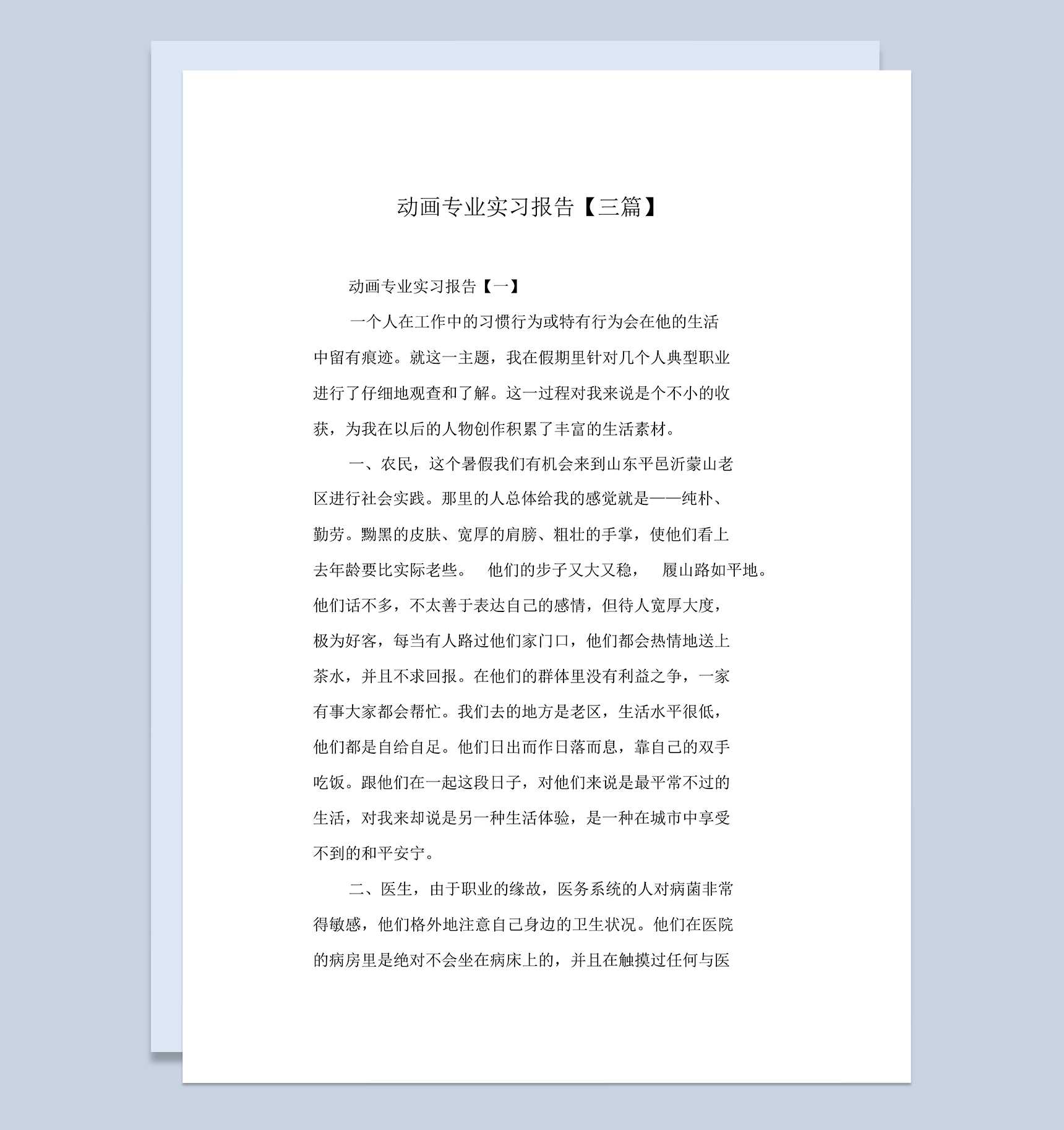 实用简约风格动画专业实习报告范本Word模板