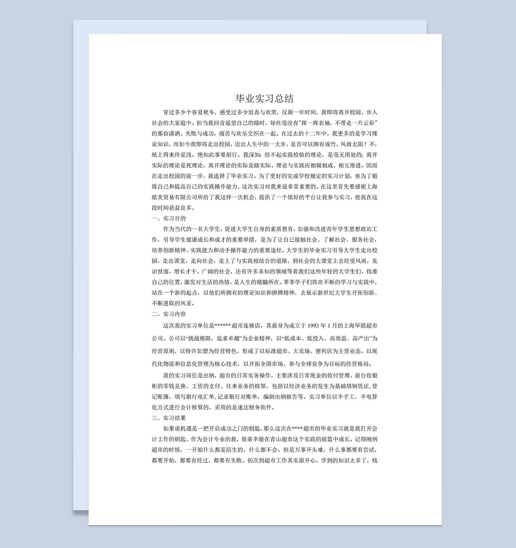简洁风格超市出纳实习总结汇报范本Word模板