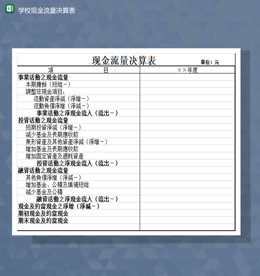 学校现金流量财务决算详情表Excel模板