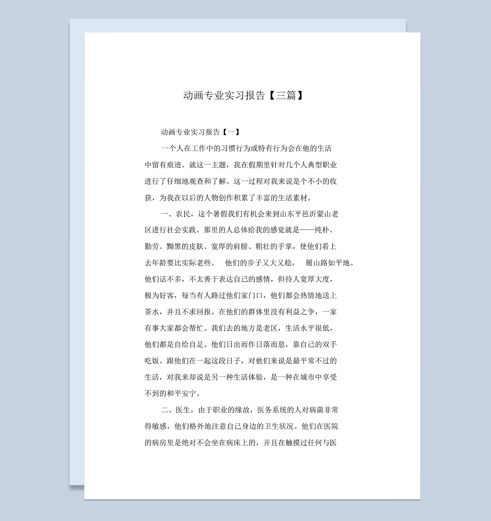 实用简约风格动画专业实习报告范本Word模板