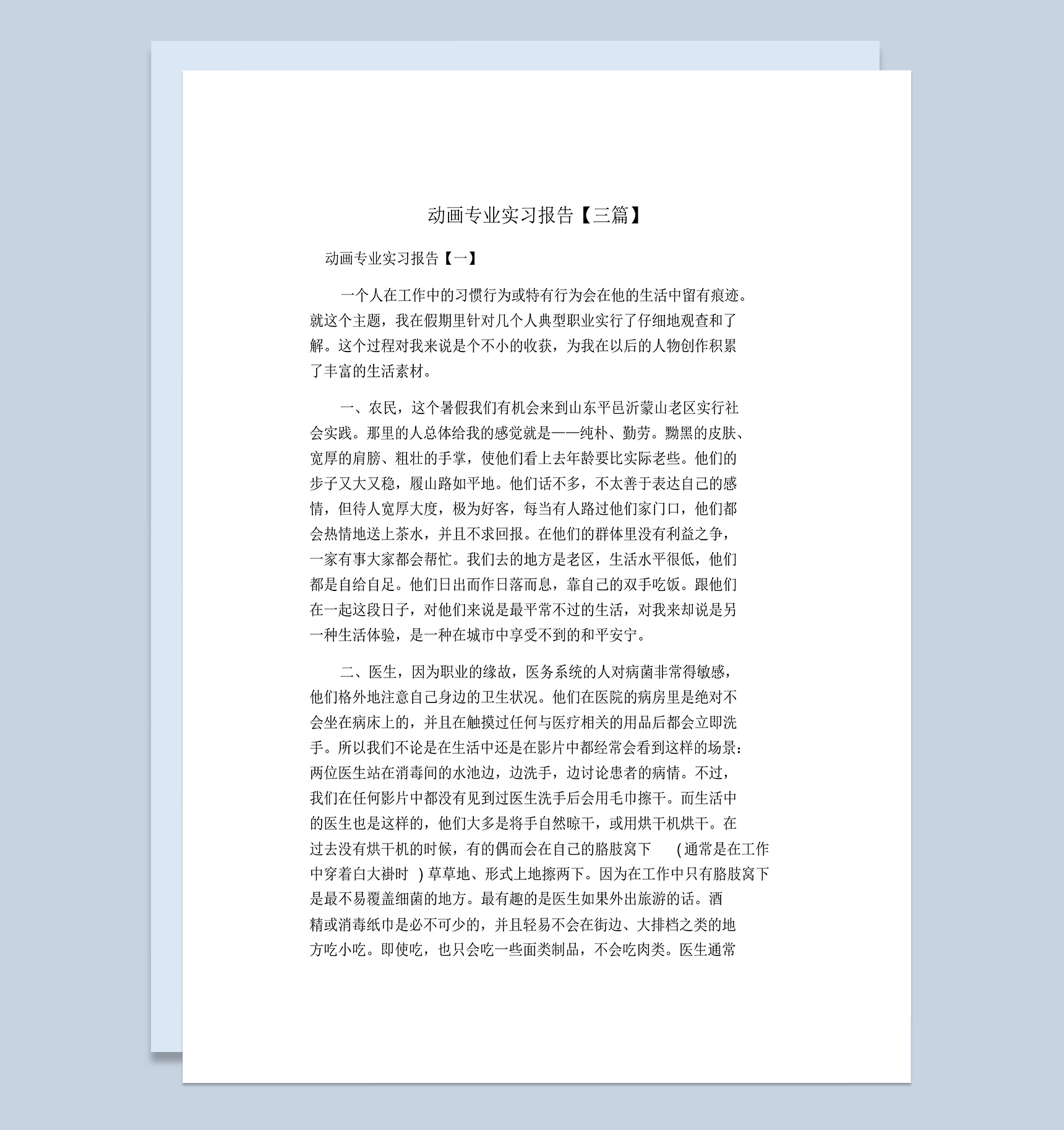 动画专业大学生实习报告范本Word模板