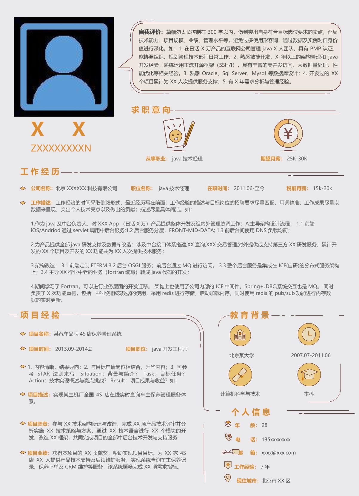 JAVA技术经理岗位求职简历模板